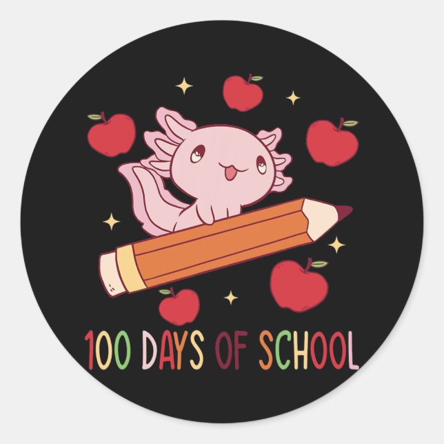 Adesivo Redondo Axolotl 100 dias de escola com lápis andando (Frente)