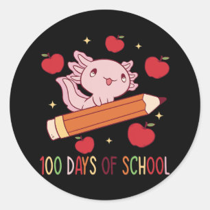 Adesivo Redondo Axolotl 100 dias de escola com lápis andando