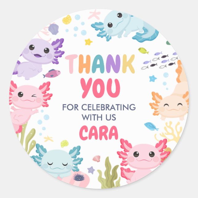 Adesivo Redondo Axolotl Alotl Festa de aniversário Diversão (Frente)