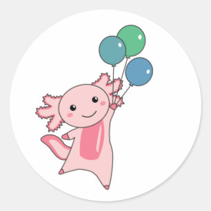 Adesivo Redondo Axolotl Animal Doce Voa Com Balões Para Cima