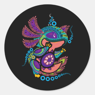 Adesivo Redondo Axolotl Art Aztec Mexicano Salamander Cinco México