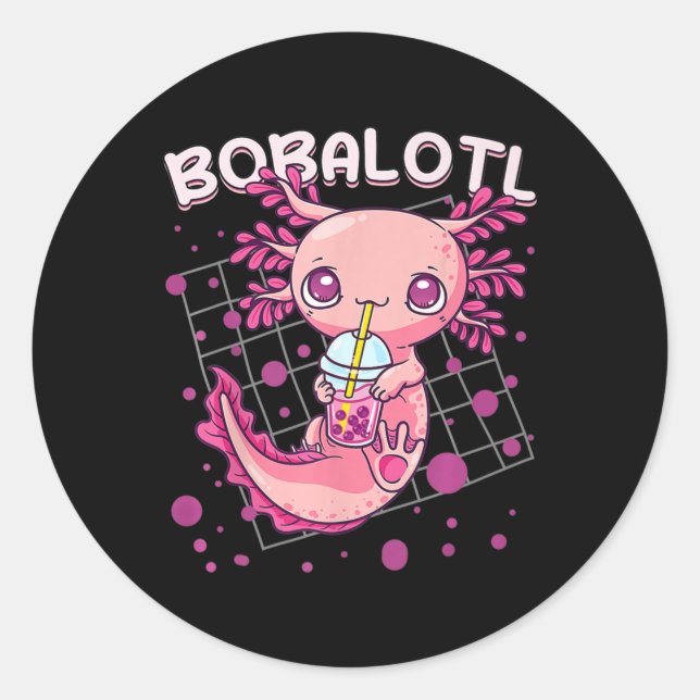 Adesivo Redondo Axolotl Boba Tea Bubble Tea Kawaii Anime Japonês (Frente)