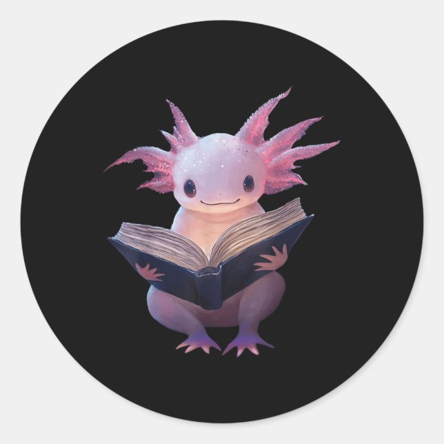 Adesivo Redondo Axolotl Bookworm Lendo Livro Engraçado Kawaii Gráf (Frente)