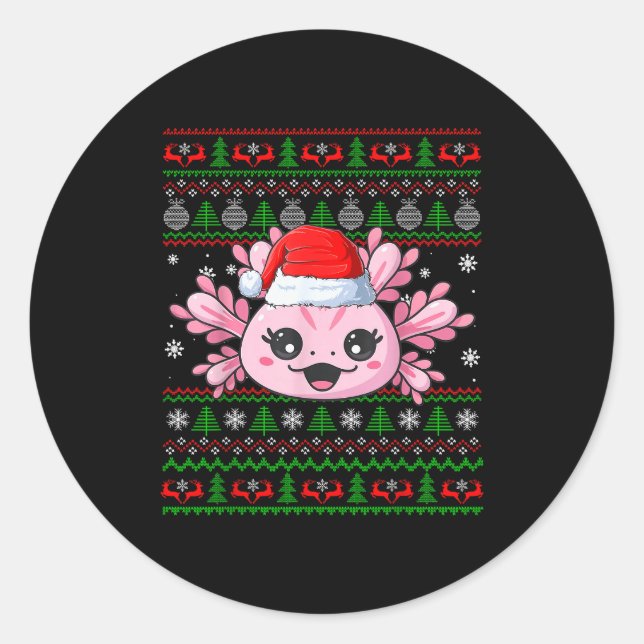 Adesivo Redondo Axolotl Christmas Ugly Sweater Santa Axolotl Head  (Frente)