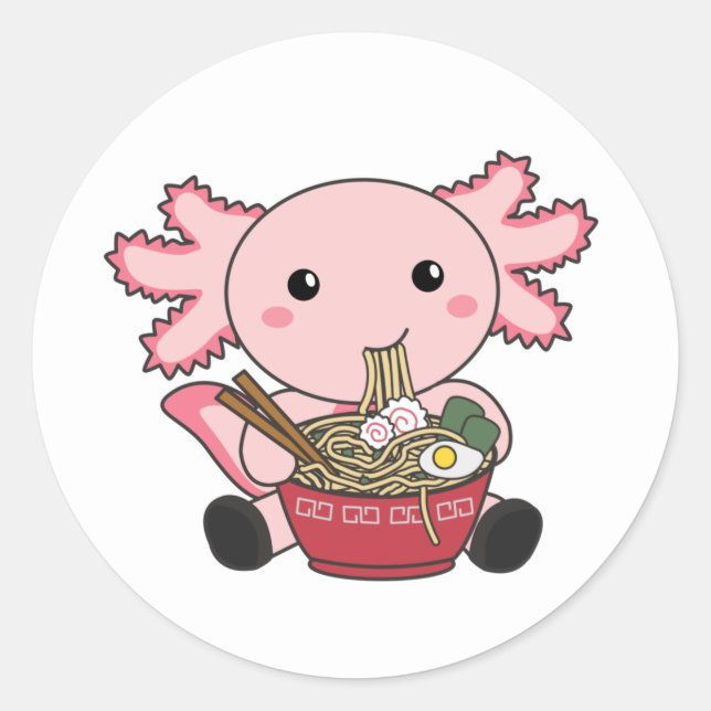 Adesivo Redondo Axolotl Comida Ramen Comida Japonês Kawaii Animais (Frente)