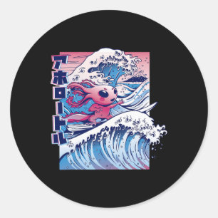Adesivo Redondo Axolotl Surfando Grande Onda Mashup de Arte Japone