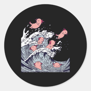 Adesivo Redondo Axolotls Fofos Surfando na Onda, Onda Japonesa Div