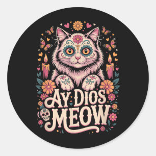 Adesivo Redondo Ay Dios Meow Gato Divertido Crânio de Açúcar Dia D