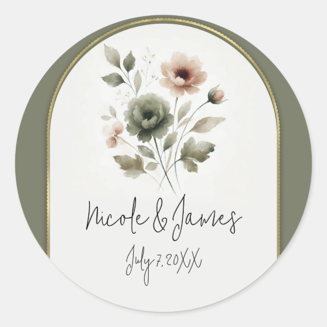 Adesivo Redondo Azeitona Rosa Azeitona e Dourada Aquarela Floral (Frente)