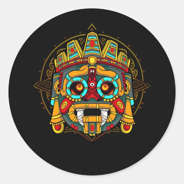 Adesivo Redondo Aztec Deus Tlaloc Mayan Mythology Deity Mexicano H (Frente)