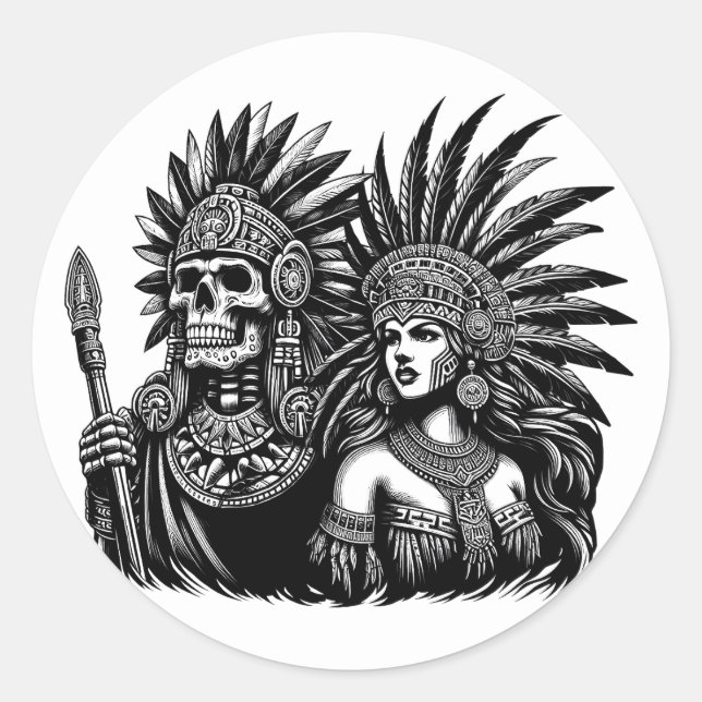 Adesivo Redondo Aztec Skeleton Warrior com Princesa Mulheres Arte (Frente)