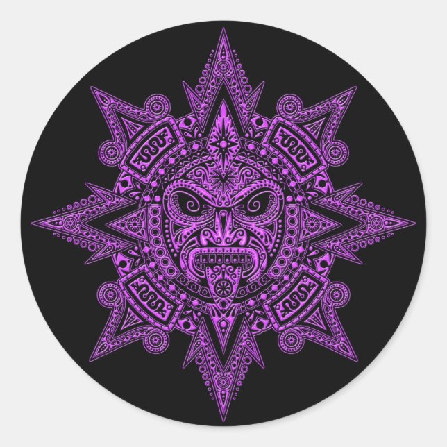Adesivo Redondo Aztec Sun Mask Purple em preto (Frente)