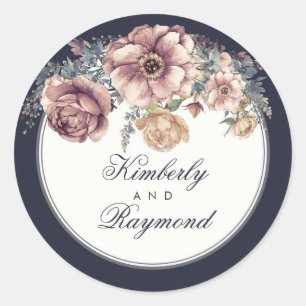 Adesivo Redondo Azuis marinhos do vintage e aguarela floral malva