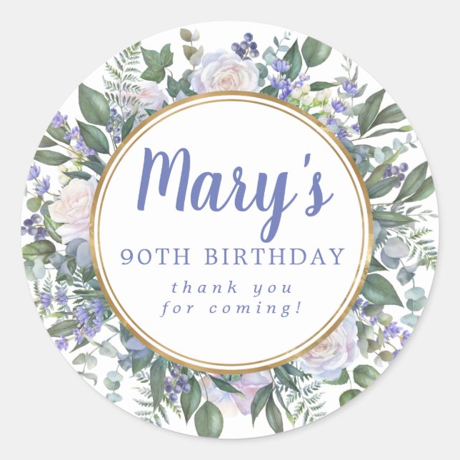 Adesivo Redondo Azul 90 Floral Branco Aniversário Obrigado (Frente)