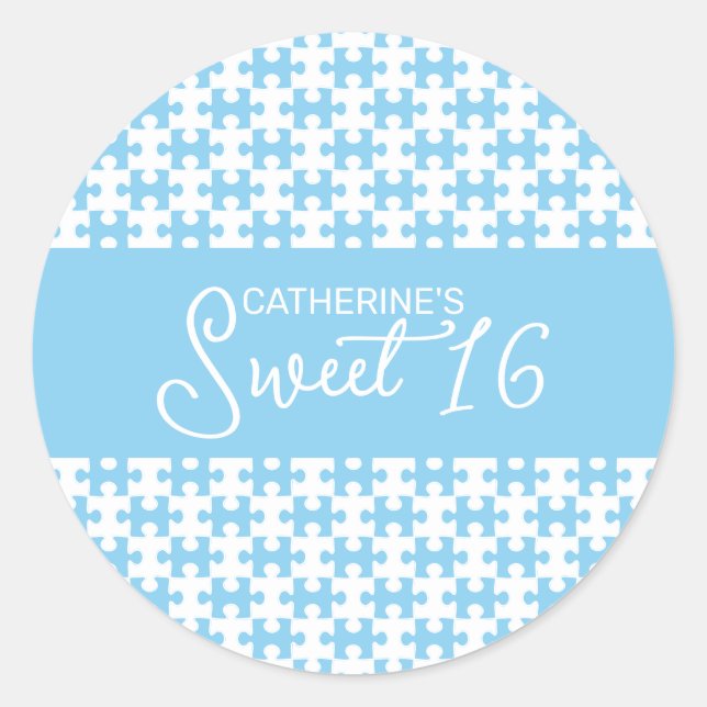 Adesivo Redondo Azul-Bebê E Quebra-cabeça Branco Checkered Sweet 1 (Frente)