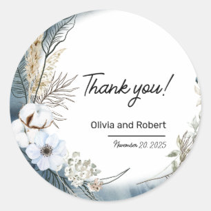 Adesivo Redondo Azul Bege Boho Floral Obrigado 