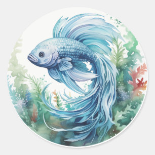 Adesivo Redondo Azul Beta Peixe Verde Algas