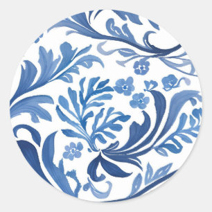 Adesivo Redondo Azul Branco Chinoiserie Floral Simplista