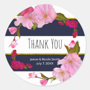 Adesivo Redondo Azul, branco e Dourado Partido Floral Chic Glam