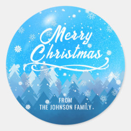 Adesivo Redondo Azul Branco Neve Pacífico Floresta Feliz Natal
