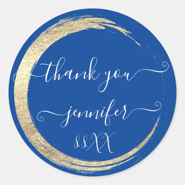 Adesivo Redondo Azul Branco Obrigado Quadro Dourado Data Brent (Frente)