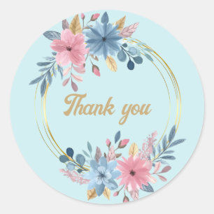 Adesivo Redondo Azul celeste floral casamento/baby shower Obrigad