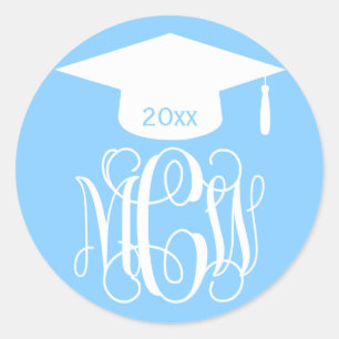 Adesivo Redondo Azul Céu Wt Videira Script Monograma Graduação DIY