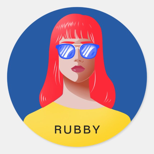 Adesivo Redondo Azul-chic e mulher clássica (Frente)