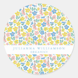 Adesivo Redondo Azul-Cinto e Amarelo Ditsy Floral Moderno