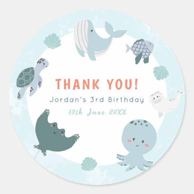 Adesivo Redondo Azul Cinto Sob A Aquarela Do Mar Obrigado (Frente)