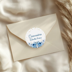 Adesivo Redondo Azul Claro Floral e Brilho Dourado Quinceanera