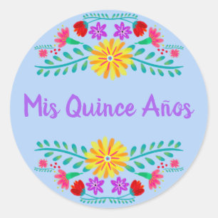 Adesivo Redondo Azul Claro Meus Quinze Anos Festa Mexicana Floral