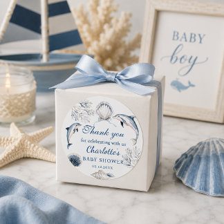 Adesivo Redondo Azul Coastal Baby Shower Menino Obrigado