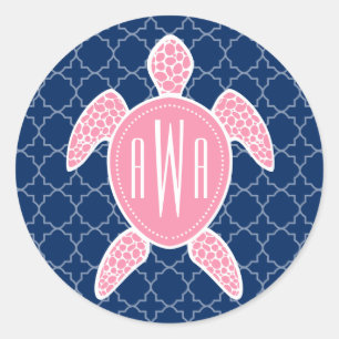 Adesivo Redondo Azul cor-de-rosa Monogrammed Quatrefoil da