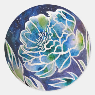 Adesivo Redondo Azul Dahlia Marinho artesanal Floral Aquarela