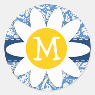 Adesivo Redondo Azul - Damasco; margarida