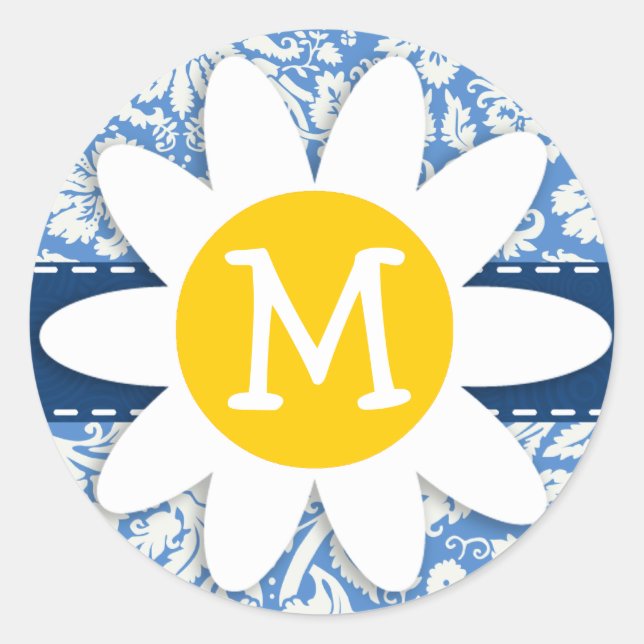 Adesivo Redondo Azul - Damasco; margarida (Frente)