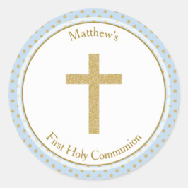 Adesivo Redondo Azul de comunhão com Bolinhas Douradas