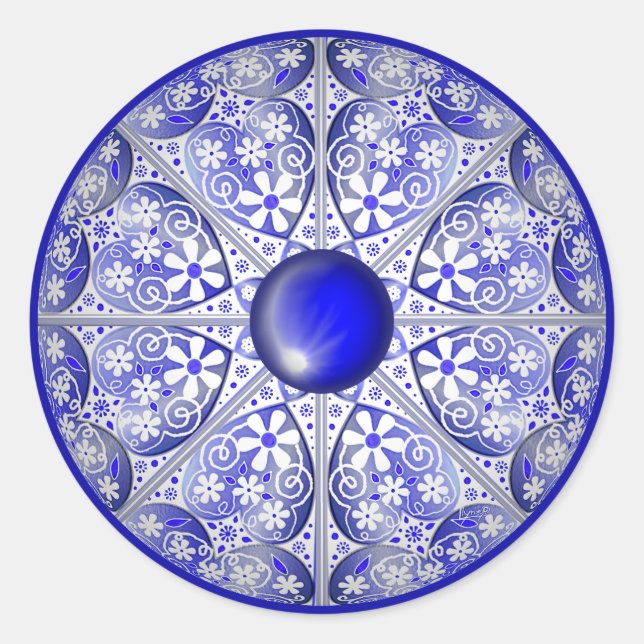 Adesivo Redondo Azul de rendas cerâmicas de Grécia (Frente)
