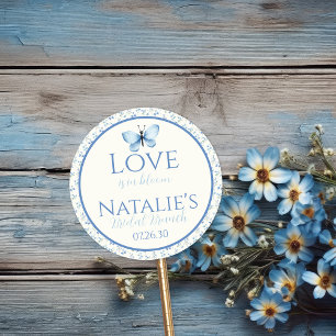 Adesivo Redondo Azul Desbotado Amor Está em Flor Símbolo Floral do