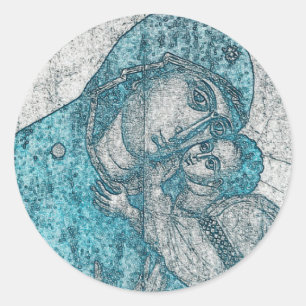 Adesivo Redondo Azul do vintage do Jesus Cristo da Virgem Maria e