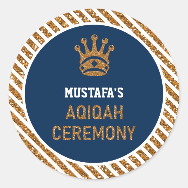 Adesivo Redondo Azul, Dourado Príncipe Príncipe Aqiqah (Frente)