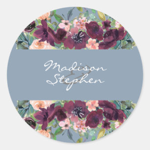 Adesivo Redondo Azul Dusty  Casamento Floral de Burgundy Watercolo