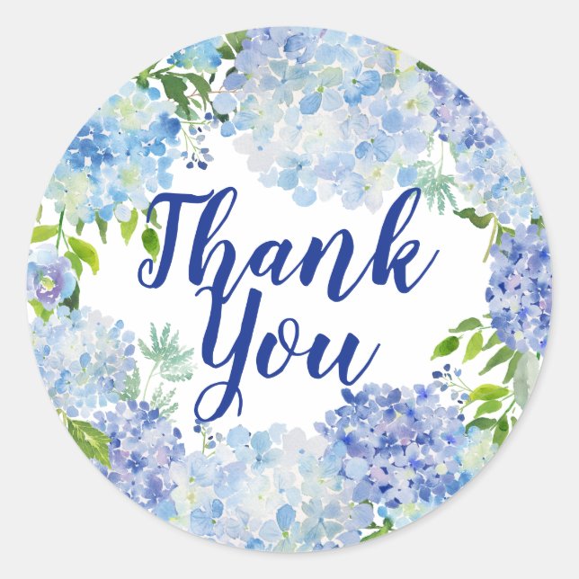 Adesivo Redondo Azul e Branco Aquarela Floral Obrigado (Frente)