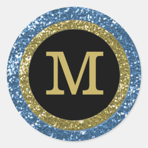 Adesivo Redondo Azul e brilho Dourado Monogrammed