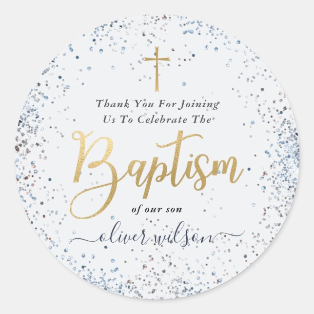 Adesivo Redondo Azul E Dourado Batismo De Aquarela Obrigado (Frente)