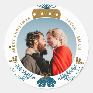 Adesivo Redondo Azul e Dourado   Feliz Natal Bauble Photo