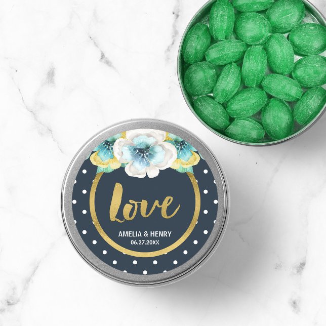 Adesivo Redondo Azul e Faux Dourado, Aquarela Floral Amor (Criador carregado)