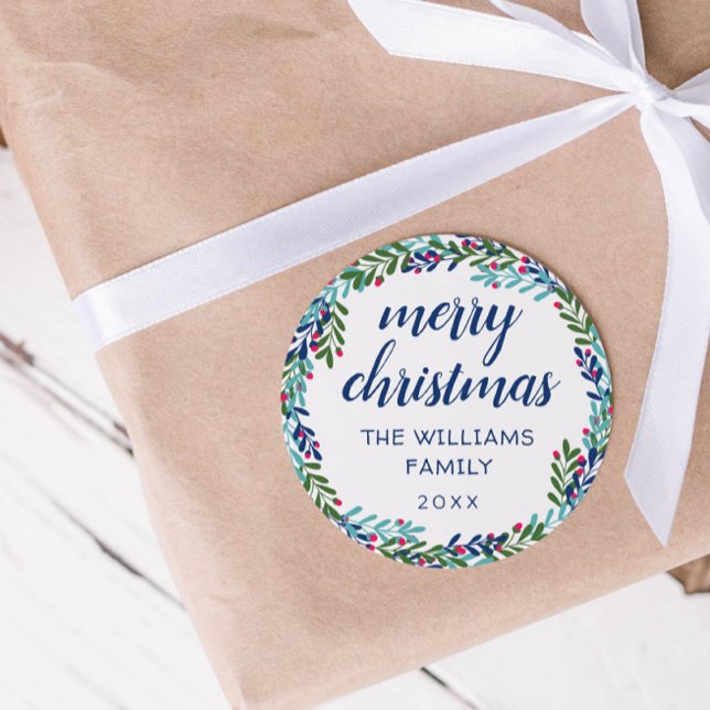 Adesivo Redondo Azul e Pink Wreath Feliz Natal (Criador carregado)