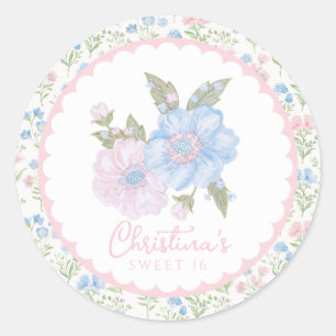 Adesivo Redondo Azul e Rosa Grandmillennial Floral Doze Anos